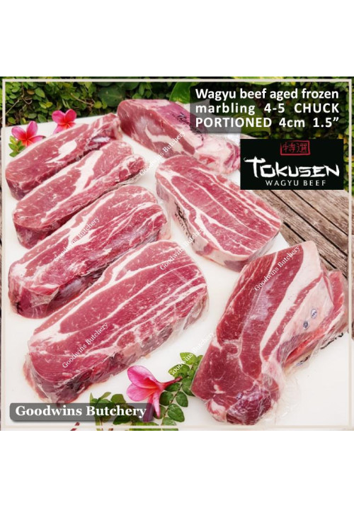 Beef CHUCK Wagyu Tokusen marbling 4-5 aged frozen PORTIONED 4cm 1.5" (price/pc 1kg)